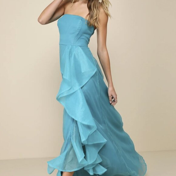 NWT Lulus Exquisite Ease Teal Green Organza Strapless Ruffled Maxi Dress (Sz SM) - Picture 4 of 8